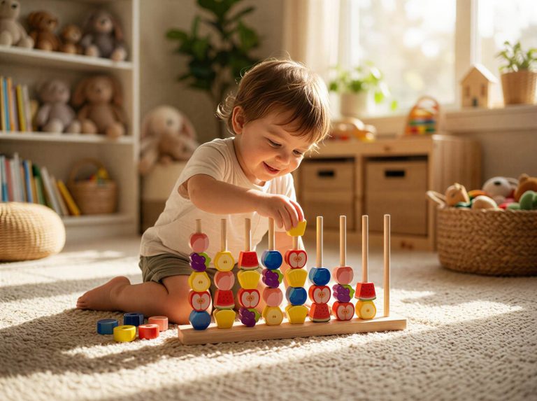 child playing with fruit sorting stacking toy