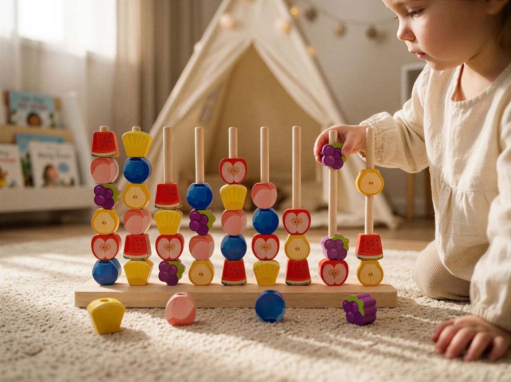 child playing with fruit sorting stacking toy