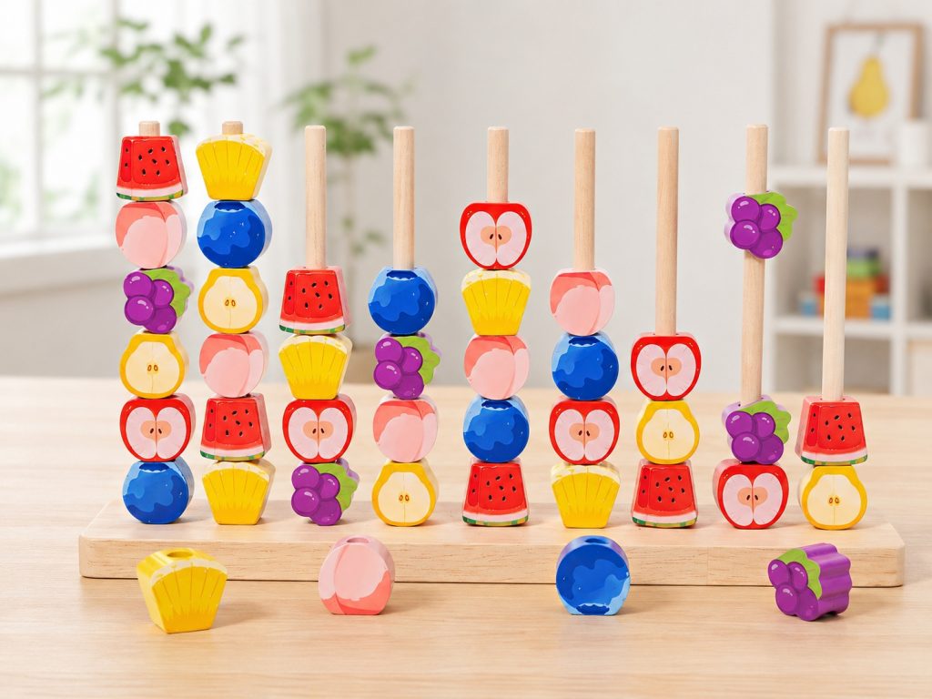 logical sorting challenge with wooden fruit blocks