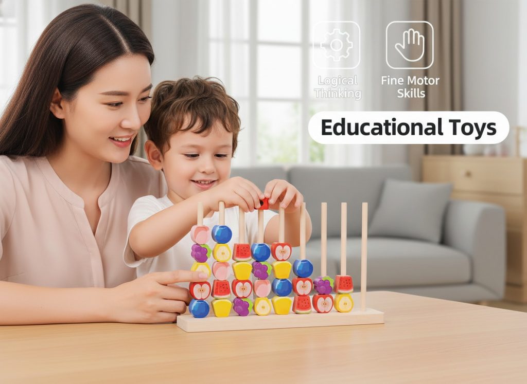 preschool cognitive learning with fruit sorting stacking toy