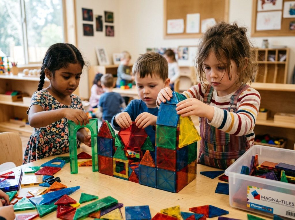 Preschool children building structures with magnetic tiles and engineering toys