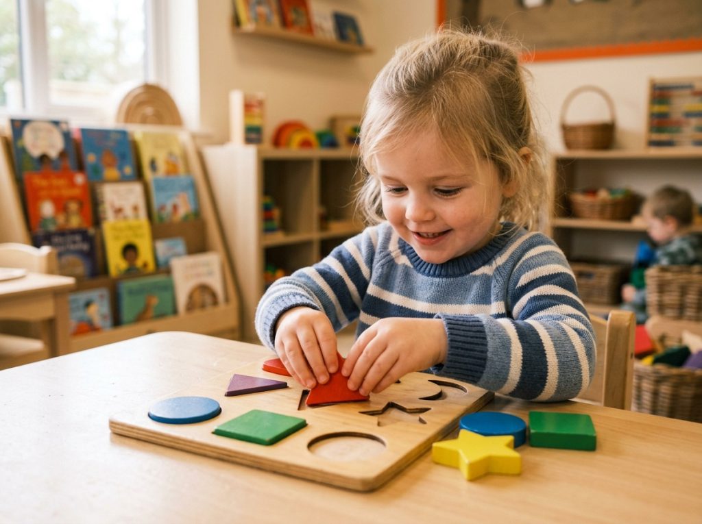 Child solving wooden puzzle toys to improve cognitive development and problem-solving skills