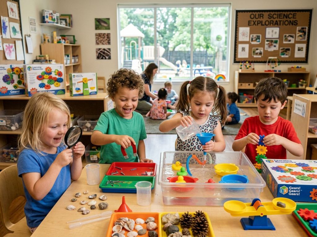 Young children conducting simple science experiments with STEM learning toys
