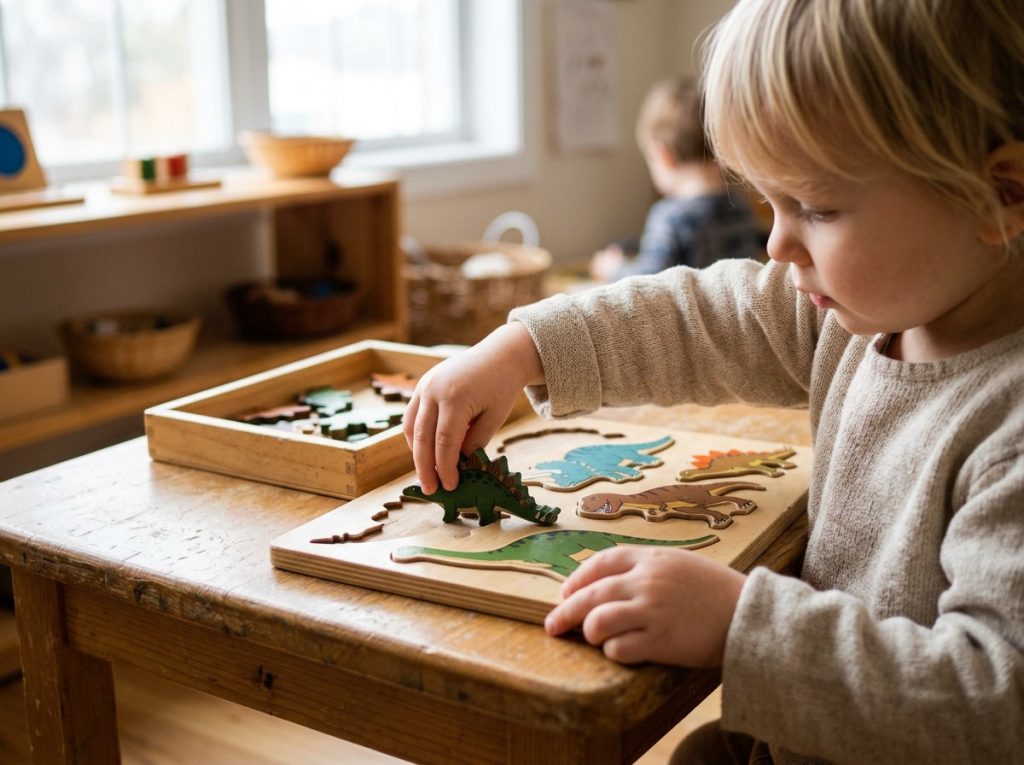 Toddler using wooden puzzle toys to develop hand-eye coordination and fine motor skills
