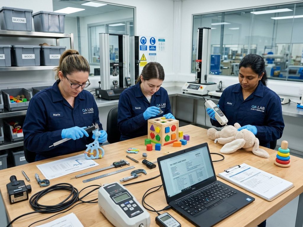 Engineers performing quality control and compliance testing for toys