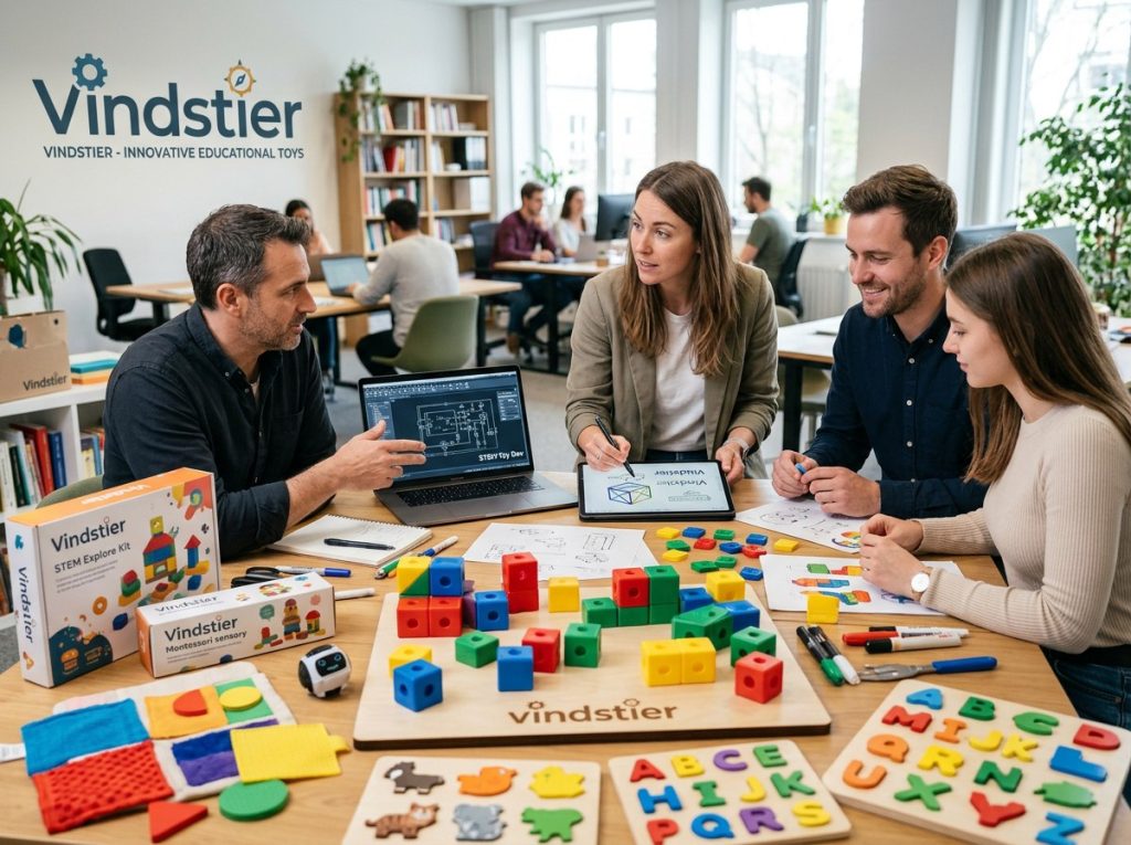 Designers and engineers developing custom educational toys, including STEM educational toys, Montessori toys, and sensory learning toys with packaging samples and product sketches.