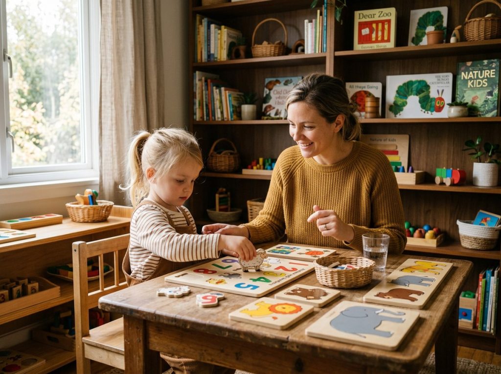 Parent and child interacting with Montessori puzzle toys during early learning activities