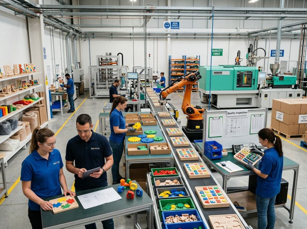 Modern production facility of an OEM educational toy manufacturer producing custom educational toys, wooden educational puzzles, and branded educational toys with quality inspection processes.