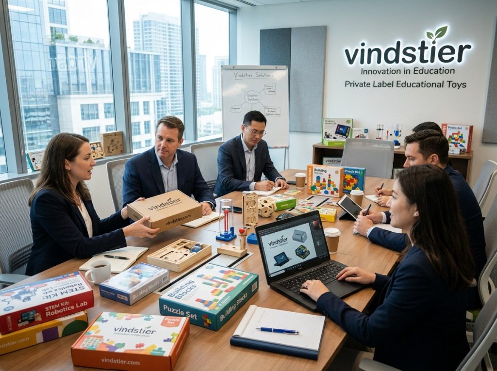 Business professionals discussing private label educational toys and branded educational toys with customized packaging and product development plans.